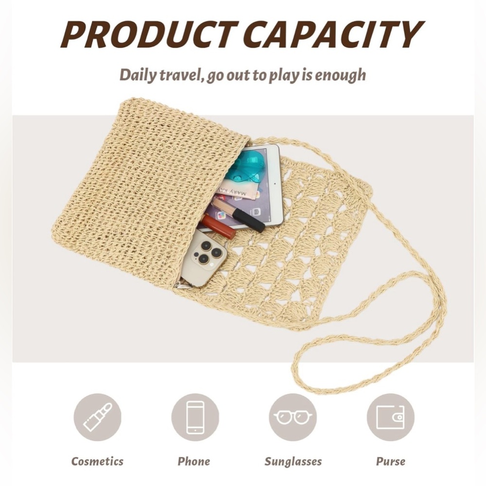 Straw Crossbody Purse Woven Tote Bag Beach Straw Handbag Bohemian Shoulder Bag - Picture 3 of 10